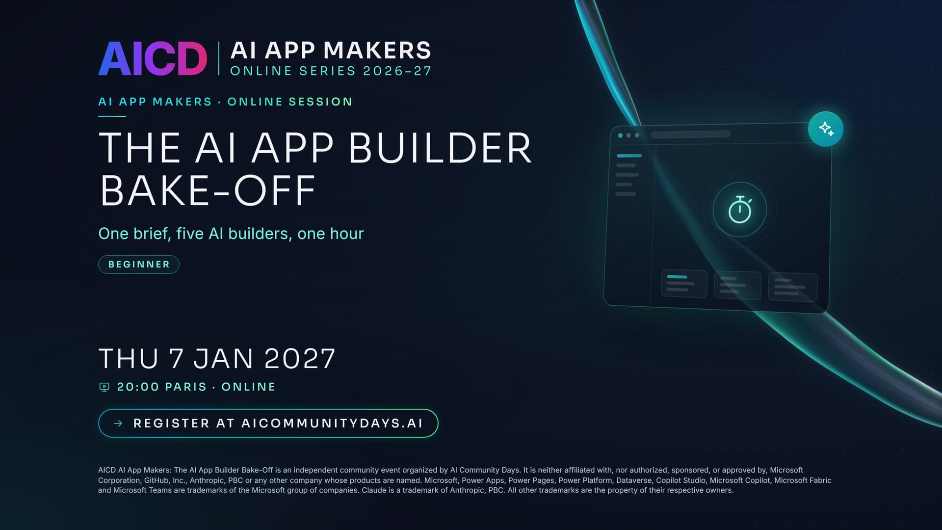 Event poster for AICD AI App Makers: The AI App Builder Bake-Off
