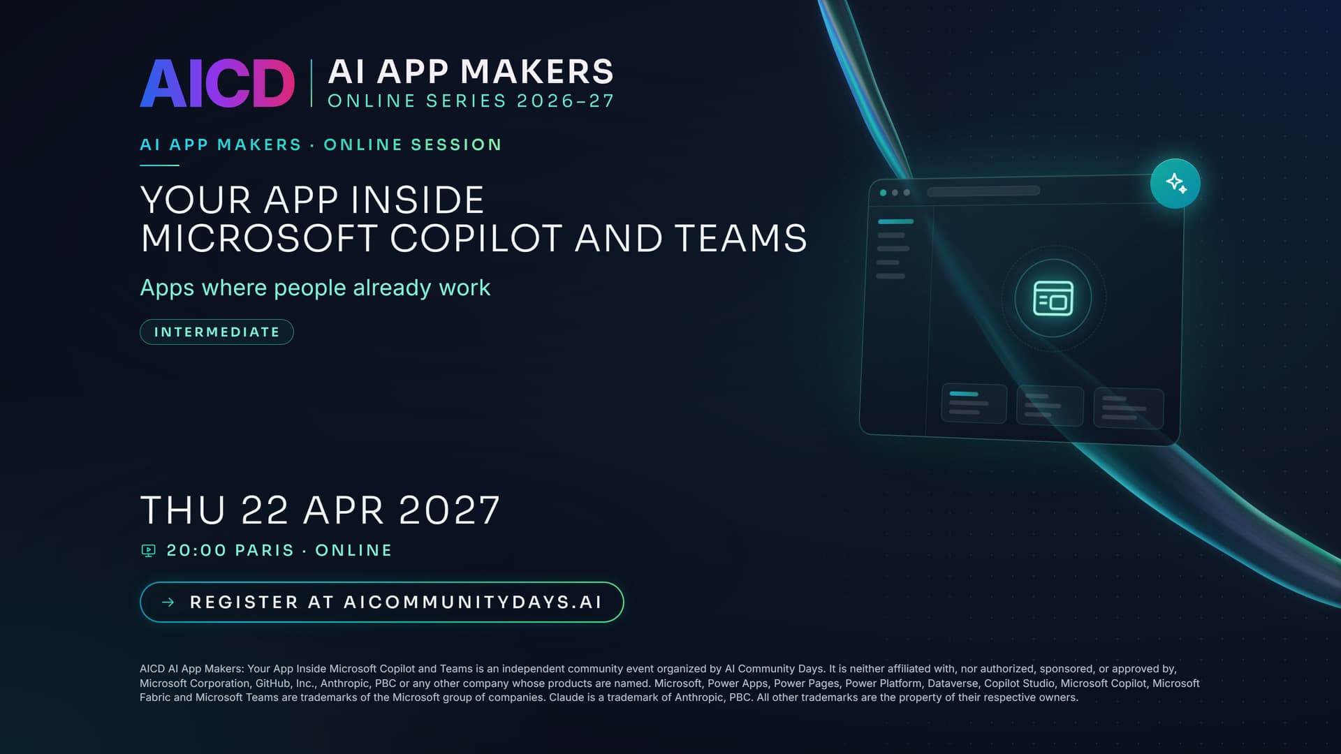 Event poster for AICD AI App Makers: Your App Inside Microsoft Copilot and Teams