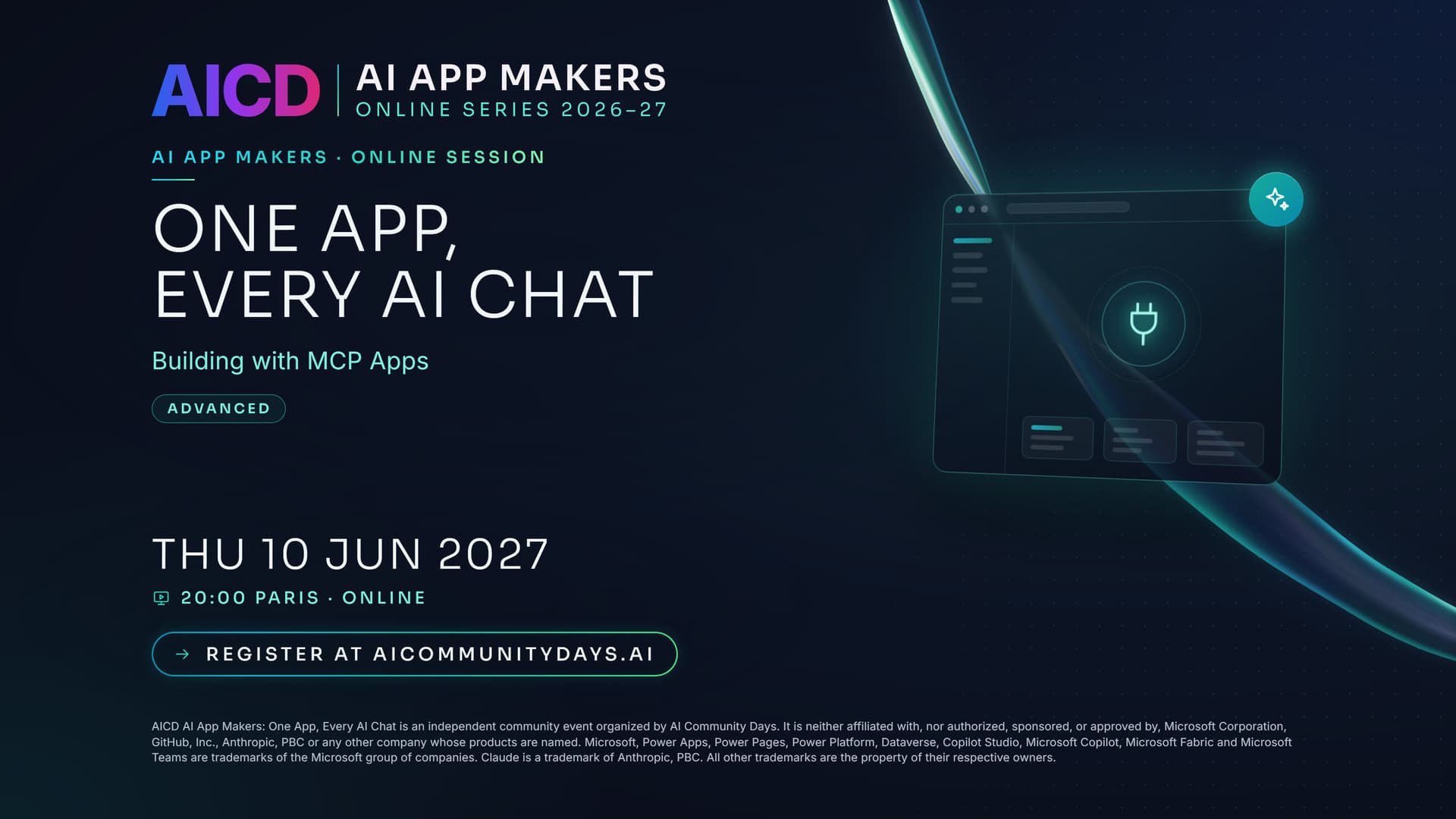 Event poster for AICD AI App Makers: One App, Every AI Chat