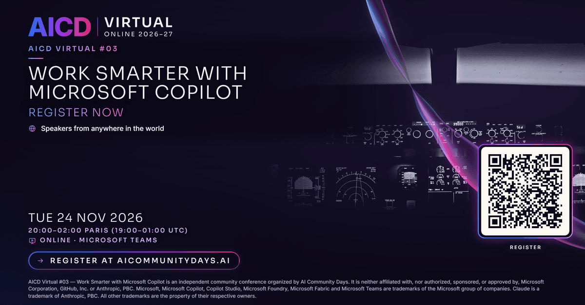 Event poster for AICD Virtual #03 — Work Smarter with Microsoft Copilot