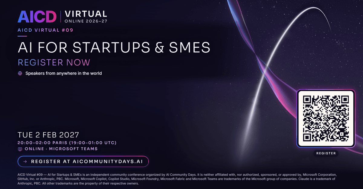 Event poster for AICD Virtual #09 — AI for Startups & SMEs