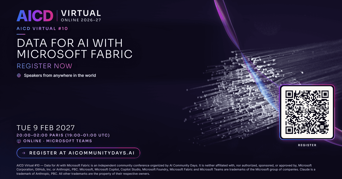 Event poster for AICD Virtual #10 — Data for AI with Microsoft Fabric