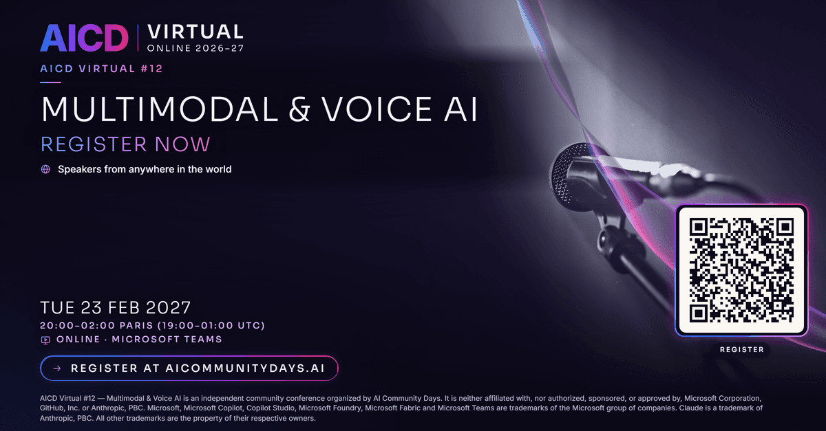 Event poster for AICD Virtual #12 — Multimodal & Voice AI